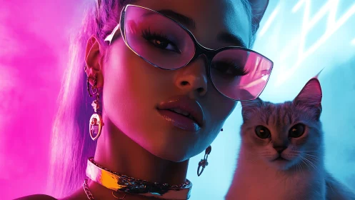 Neon-soaked cyber portrait pairs bold diva and calm cat
