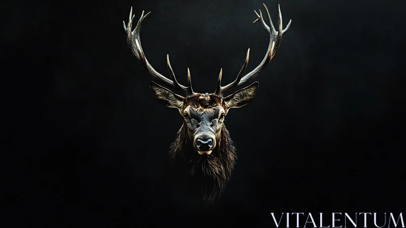 Stag head with extended antlers is isolated on dark ground