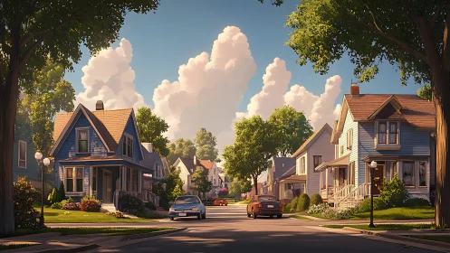 Late-afternoon small town residential street with gabled homes