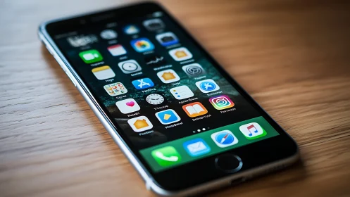 iPhone Home Screen with App Icons on Wooden Surface.