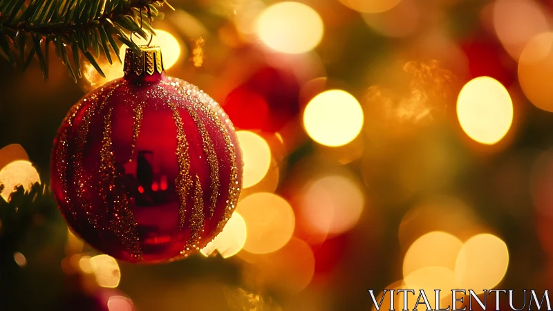 Crimson bauble drifts through a soft galaxy of golden bokeh