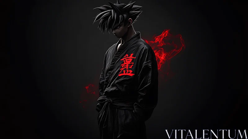 Dark anime fighter in black gi with red glowing kanji