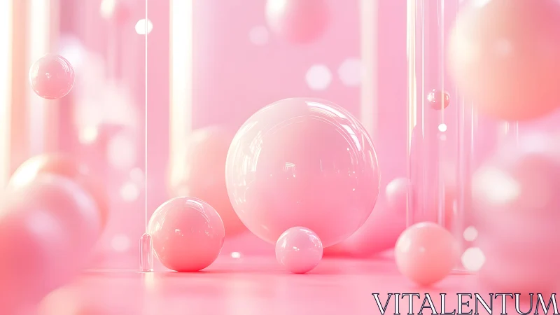 Pink glossy spheres sit in soft focus abstract 3D scene