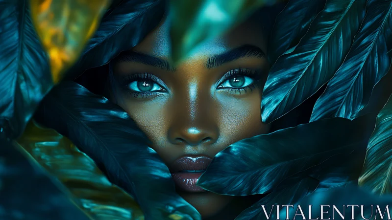 Female digital portrait framed by dense teal foliage.