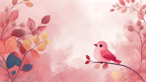 Pink Bird Perched Among Autumn Foliage in Misty Gradient.