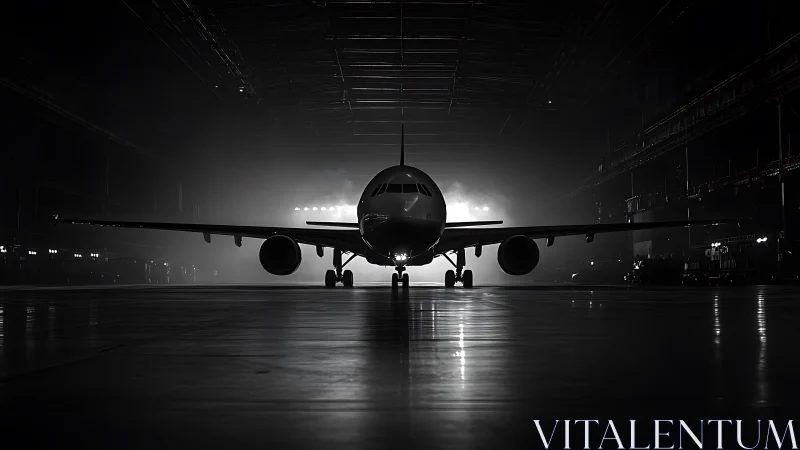 Passenger jet nose-on in dimly lit aircraft hangar.