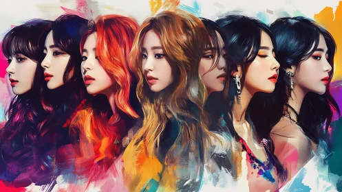 Chromatic muses drift in a side-profile river of radiant color