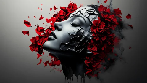 Surreal cracked black face surrounded by vivid red petals.
