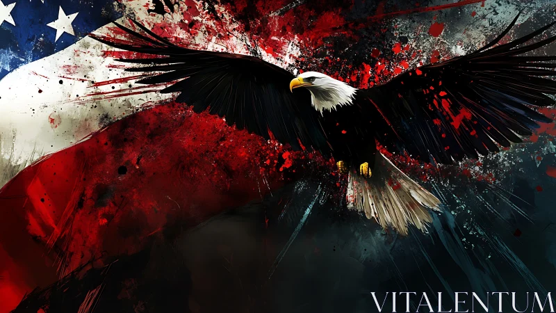 Soaring bald eagle cuts through a dramatic painted flag sky