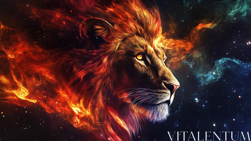 Celestial fire lion emerging from swirling cosmic nebulae.