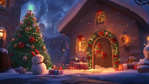 Snow-covered cottage with illuminated Christmas décor and stylized snowman