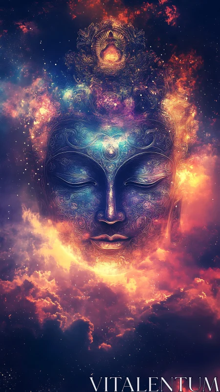 Celestial Buddha face emerges in radiant cosmic clouds