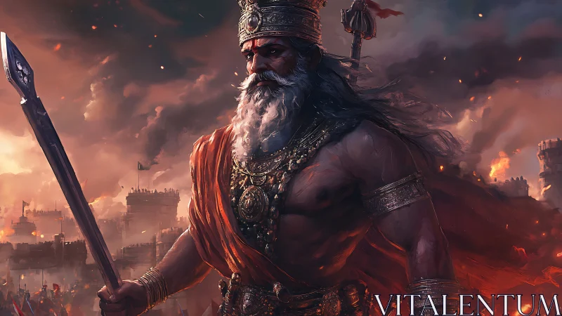 Battle-scarred warlord strides through a burning dusk empire