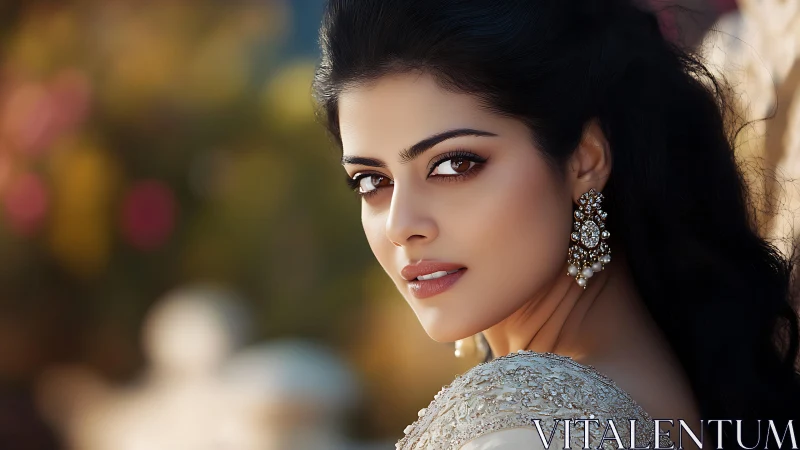 Side profile portrait of woman with ornate earrings.