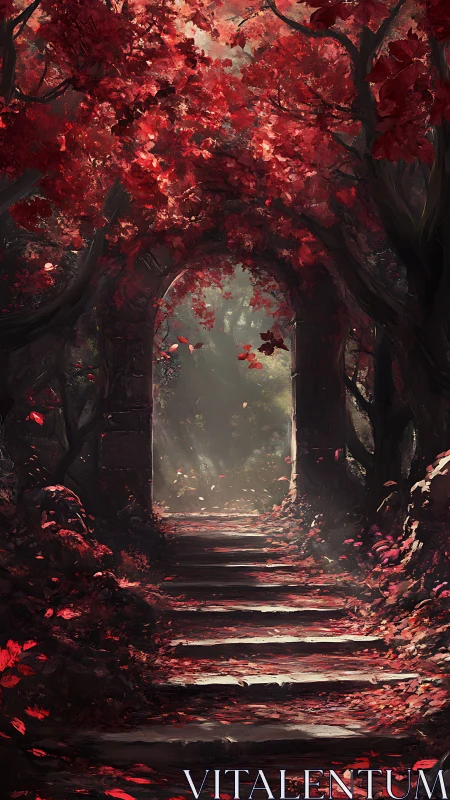 Stone arch and forest path under dense red foliage.