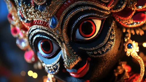 Radiant festival deity mask glowing with intricate jewels.