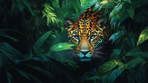 Jaguar rendered in dense jungle foliage using high contrast