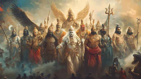 Mythic war gods stride through stormlit celestial smoke.