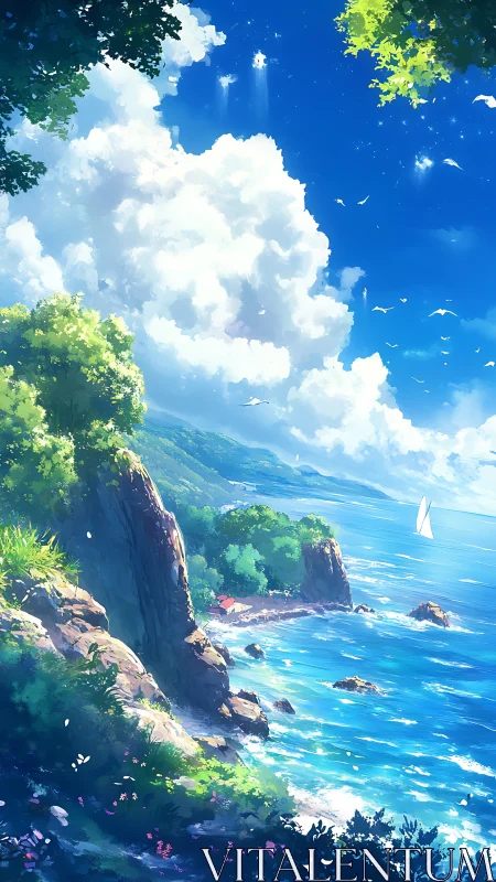 Coastal cliff shoreline with cumulus clouds and sailboat scene.