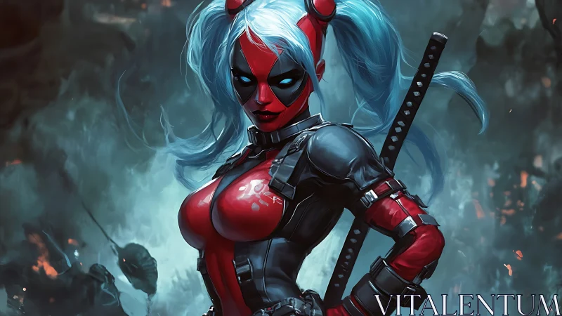 Dual-toned masked warrior amid swirling battle smoke.