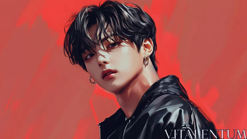 Digital portrait depicts youth in black jacket on red field