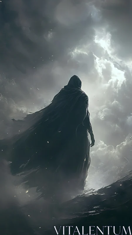 Cloaked figure stands against dense storm clouds in mist