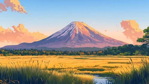 Sunlit mountain above golden rice fields at sunset.