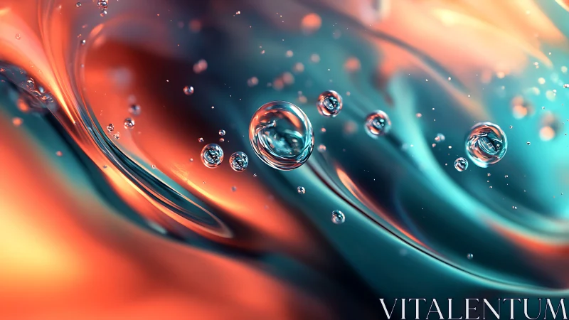 Floating liquid bubbles on teal and orange abstract waves.