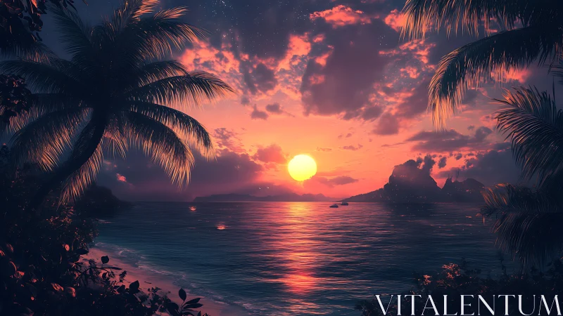 Tropical coastline with palm silhouettes at sunset horizon.