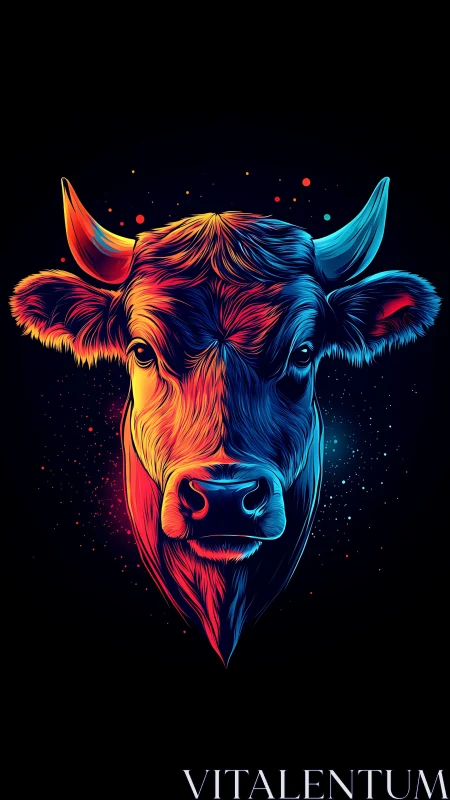 Colorful neon cow portrait glowing against a starry night.