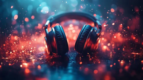 Neon headphones glow amid bokeh sparks on wet surface.