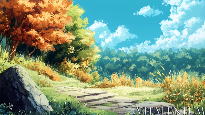 Sunlit stone path curving through vibrant autumn meadow.