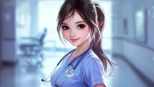 Anime nurse portrait glows under soft clinical lighting.