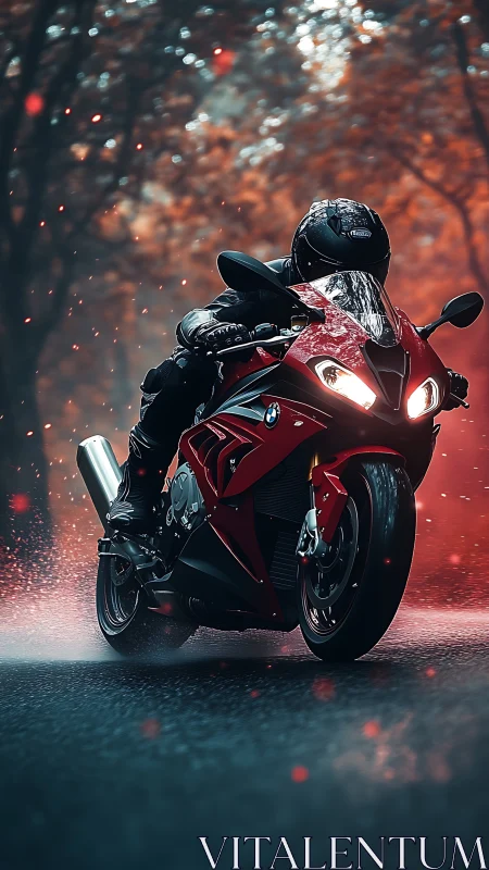 Sport motorcycle carving wet forest road at high speed.