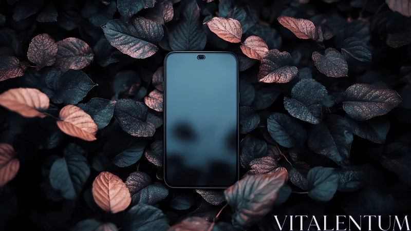 Smartphone on dusk foliage with moody photographic styling.