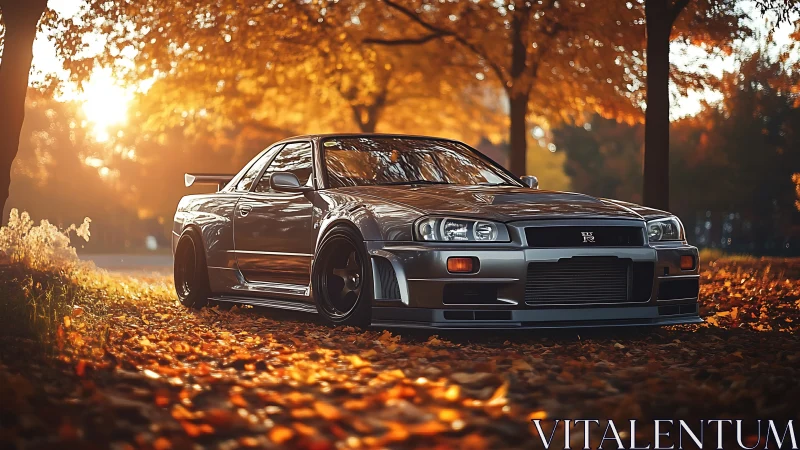 Sleek silver sports car resting in a glowing autumn forest.