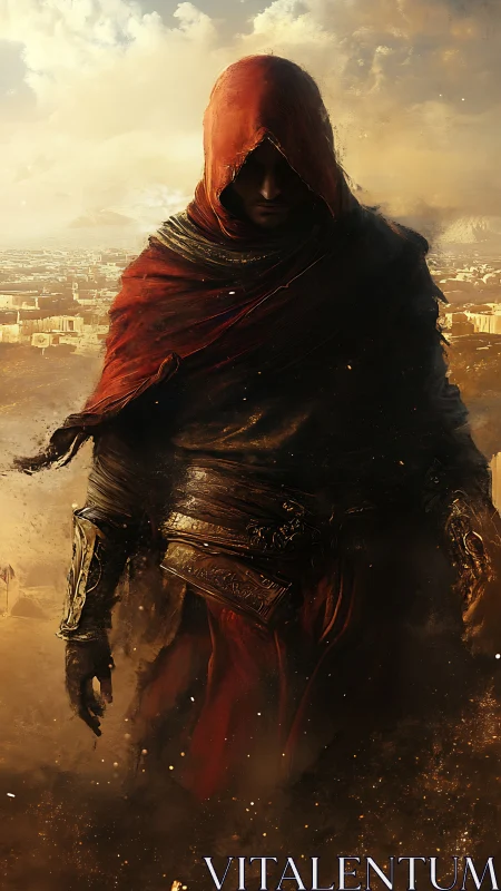 Mysterious hooded wanderer walking through a sunlit desert.