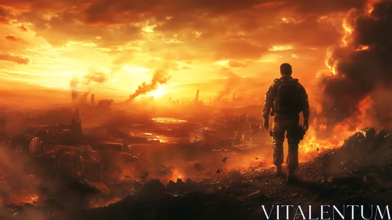 Lone soldier observing burning post-apocalyptic cityscape.