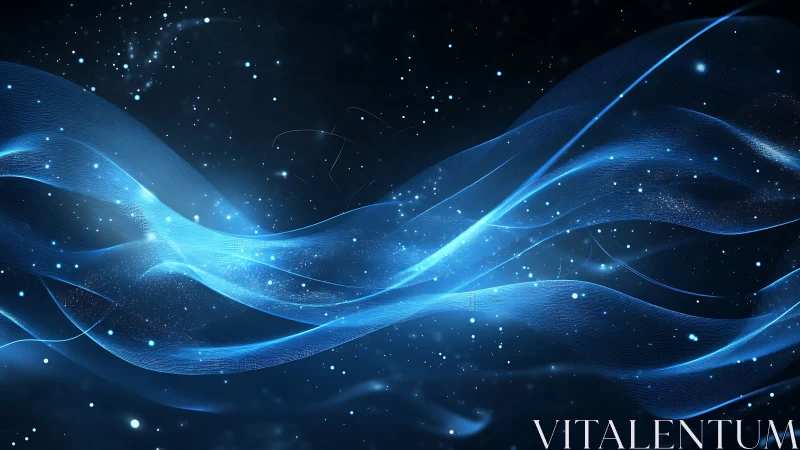 Luminous blue energy waves across starry dark space.