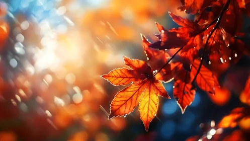 Sunlit autumn leaves glow in warm bokeh-soaked forest light