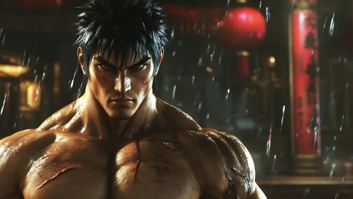 Rain‑scarred warrior locked in a crimson lantern stare.