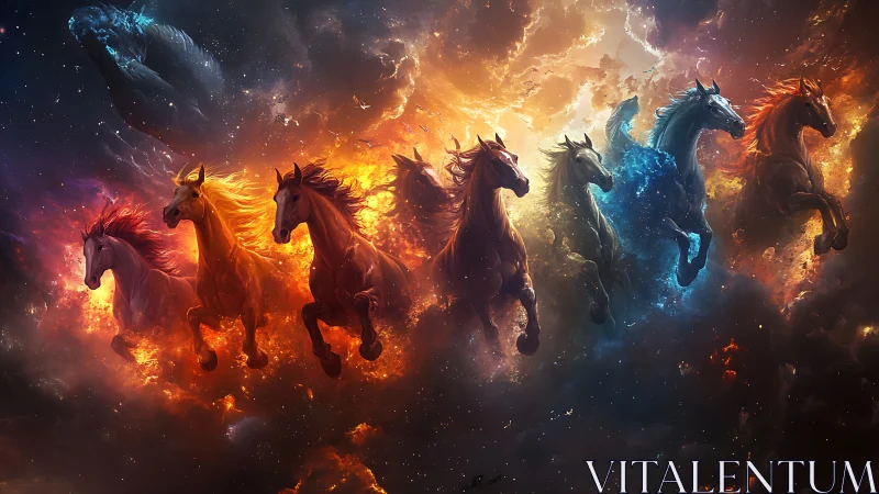 Elemental cosmic horses charge across a blazing nebula sky