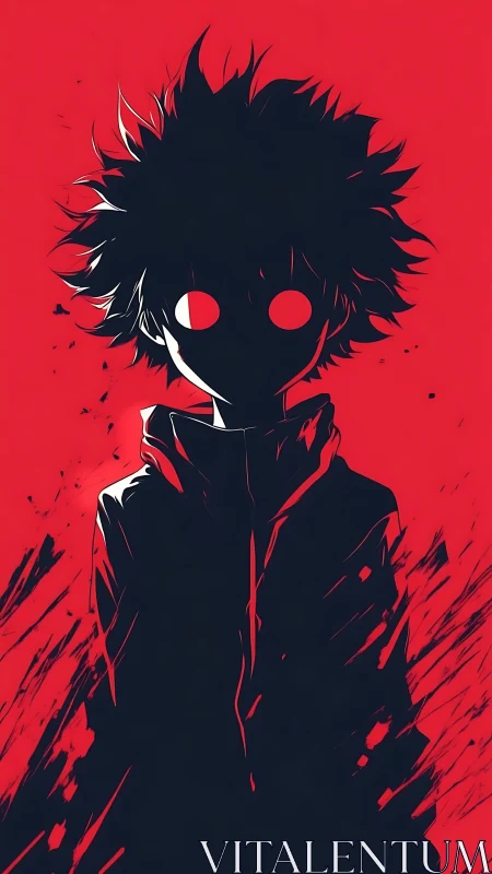 Shadowed anime hero stands bold against vivid red chaos