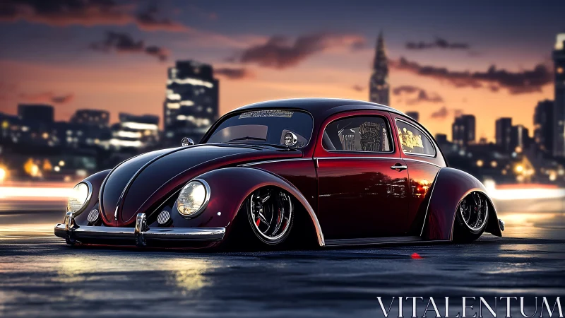 Low-slung classic beetle with urban nightlight reflections.