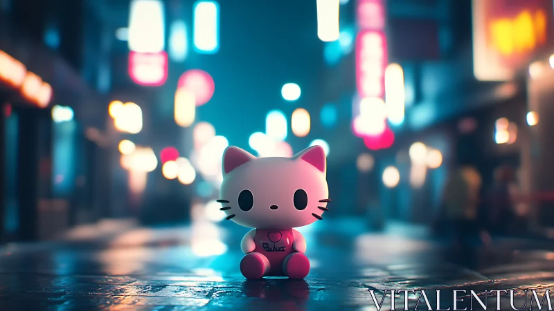 Toy cat figure on wet neon street at night in city.