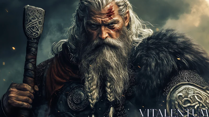 Battle-scarred Viking warlord grips carved hammer amid smoke