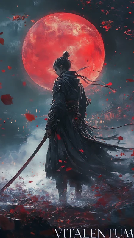 Samurai figure under large red moon with drifting petals.