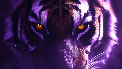 Ultraviolet tiger portrait isolates blazing amber eyes in focus