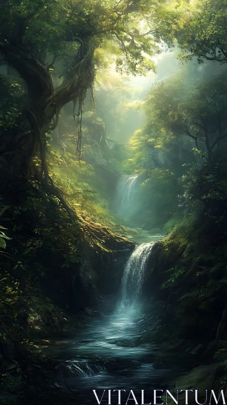 Enchanted Rainforest Waterfall with Divine Light