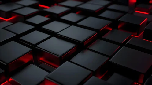 Futuristic black 3D cubes with glowing red neon accents, digital style.
